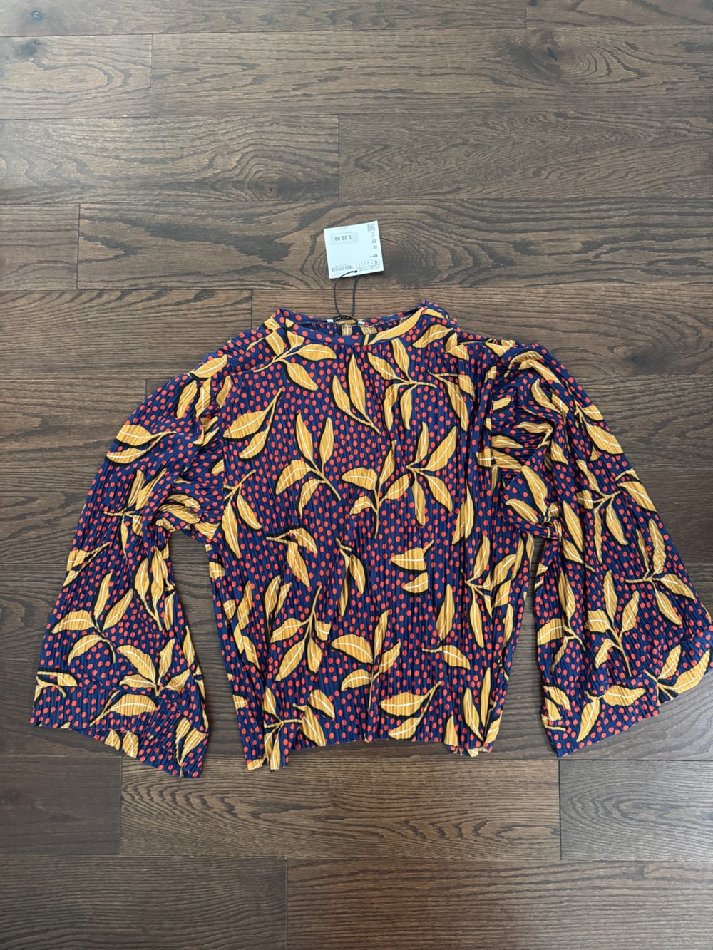 Zara Navy and Mustard Leaf-Print Puff Sleeve Blouse